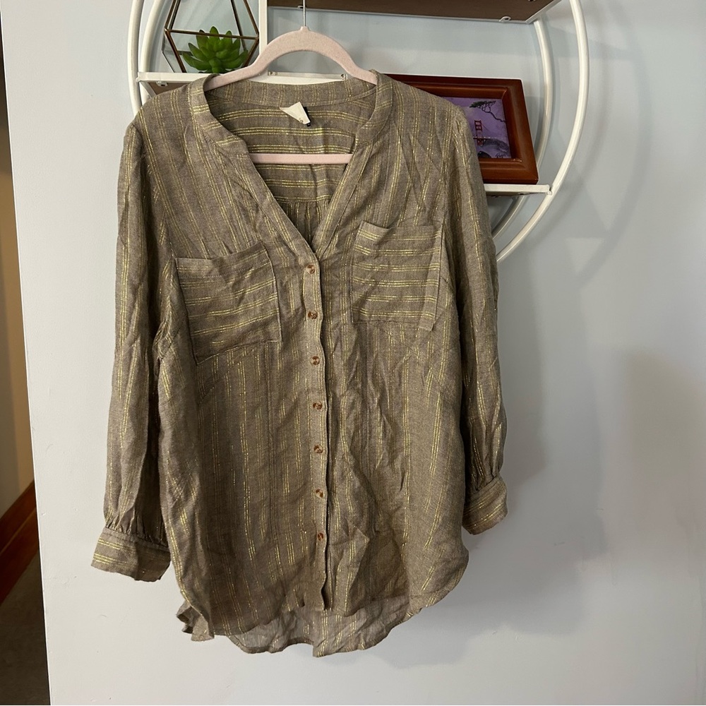 Akemi & Kin Itzel Anthropologie Women's 14 Metallic Button Down Blouse Gray